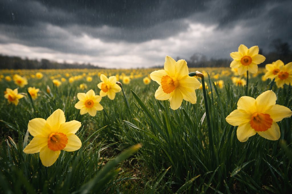 Regentropfen auf leuchtenden Narzissen