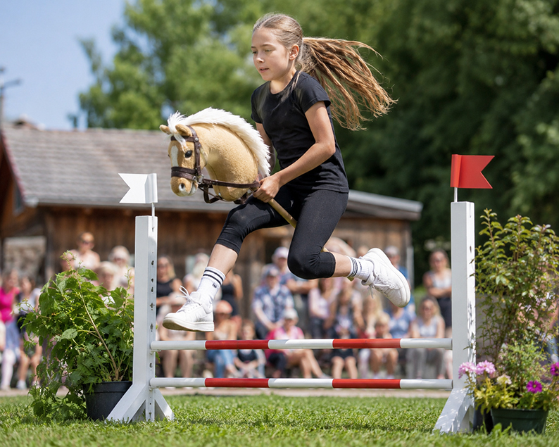 Hobby Horsing zum Mitmachen: Das Freilandmuseum Fladungen lädt am 5. Juli zu einem Aktionstag rund um die beliebte Trendsportart ein. (KI-generiertes Symbolbild)